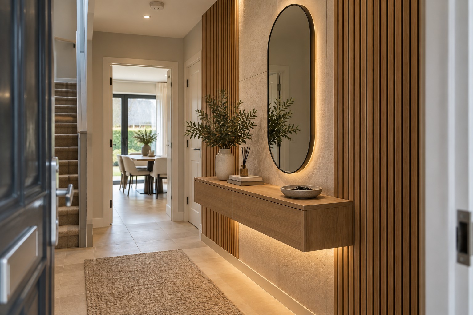 Oak-toned slats, pale stone-effect panels and a softly lit oval mirror bring warmth to an entrance hallway.